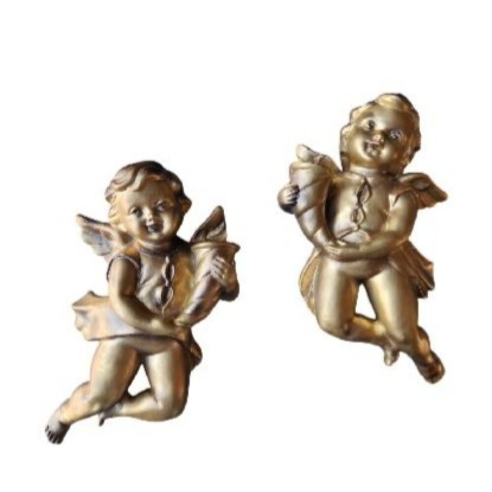 Pair Vintage Chase 7" Gold Cherub Angel Wall Hangings Décor Hollywood Regency